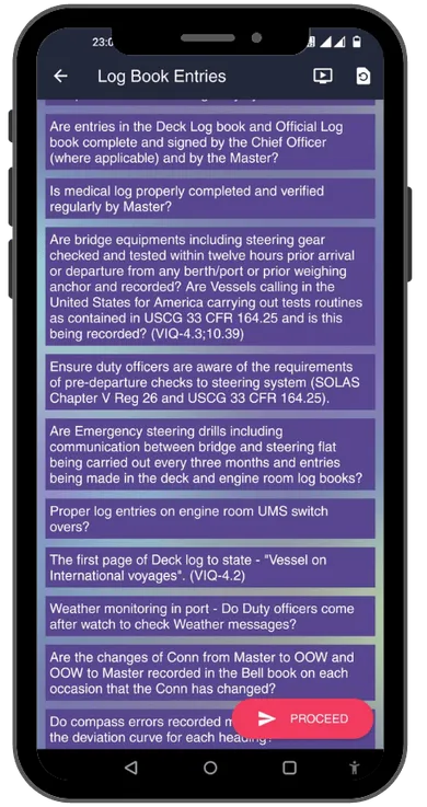 Guide2Inspections Log Book Entries checklist — structured questions with VIQ references and a proceed action