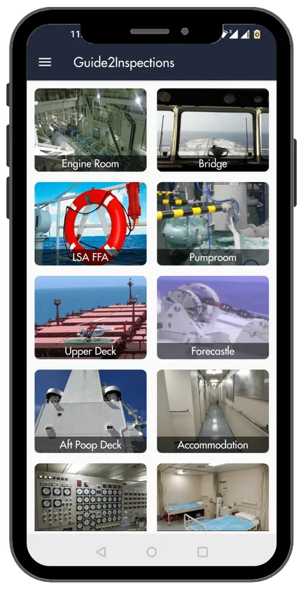 Guide2Inspections app — the vessel divided into zones, each with real photographs: Engine Room, Bridge, LSA FFA, Pumproom, Upper Deck, Forecastle, Aft Poop Deck, Accommodation
