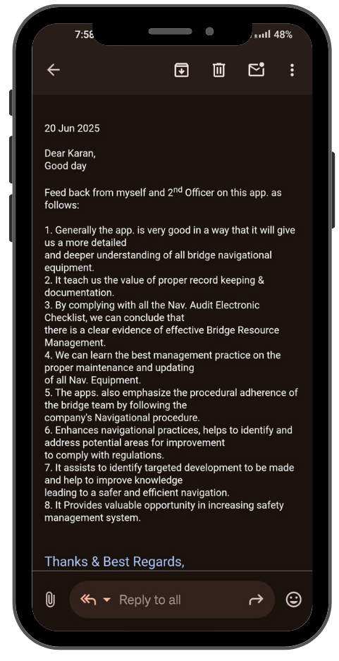 Screenshot of seafarer feedback on the app’s portrait mode, short videos, and searchability