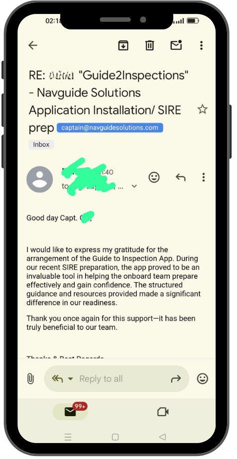 Screenshot of seafarer feedback on using Guide2Inspections, reflecting the app’s 1000+ installs across ranks and vessel types
