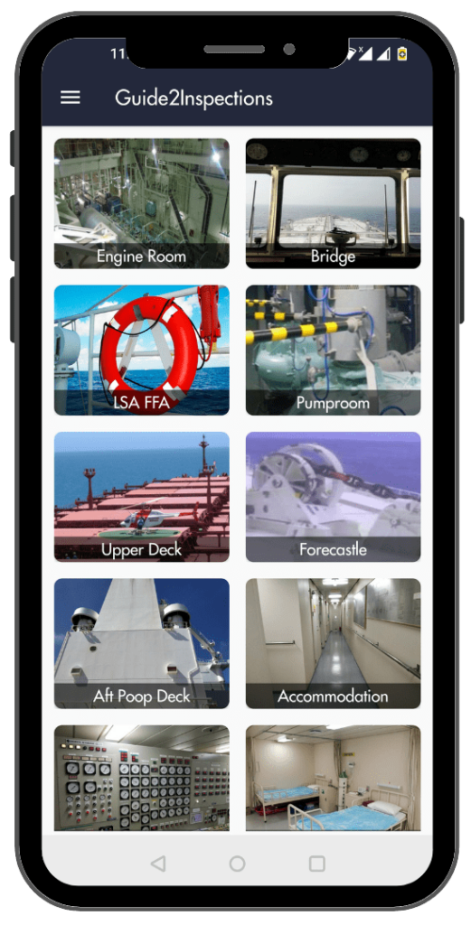 Guide2Inspections app screen showing the vessel’s 16 physical zones and self-inspection checks