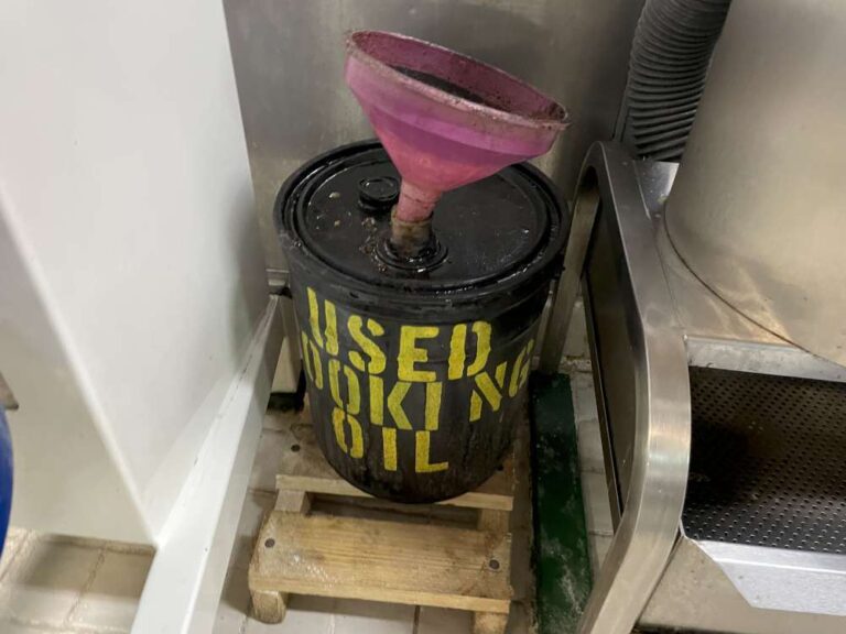 Garbage management series graphic showing proper cooking oil disposal procedure onboard