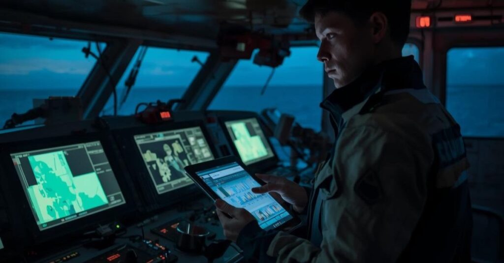 Illustration of a crew member learning a hands-on maritime skill that cannot be fully conveyed through text instructions alone